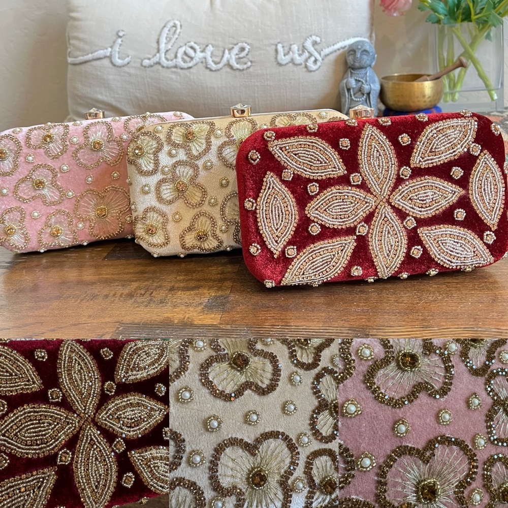 Custom Crystal & Bead Embellished On Velvet Party Clutch/Crossbody